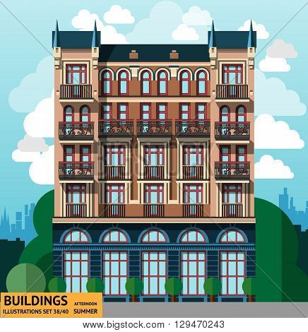 Building in flat style on background sky with clouds