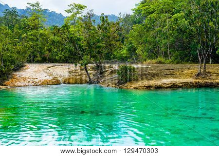 Emerald Pool aka Sa Morakot Khao Pra Bang Khram Wildlife Sanctuary Krabi Thailand. National Park Krabi Thailand tourist destination. Green color tropical lake Southeast Asia