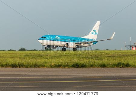 PRAGUE CZE - MAY 12: The KLM Boeing 737-7K2 with identification PH-BGR takes off at Airport Vaclava Havla in Prague May 12 2016 PRAGUE CZECH REPUBLIC.