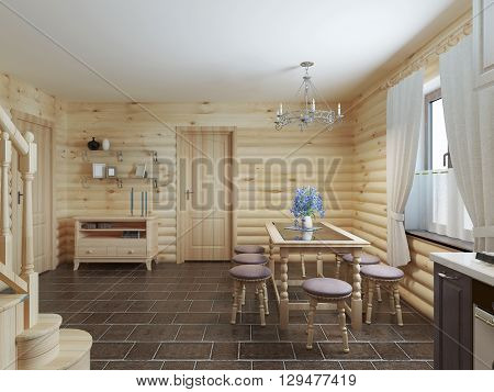 Dining table and chairs by the window in the interior of a log style. 3D render.