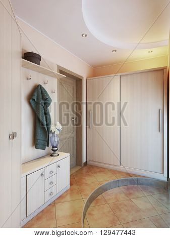 Hallway in modern style with hangers a mirror dressing table and a large sliding closet. 3D render.