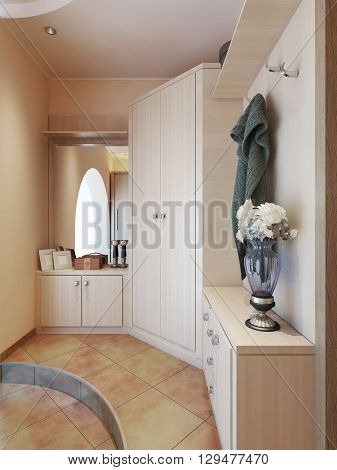 Hallway in modern style with hangers a mirror dressing table and a large sliding closet. 3D render.