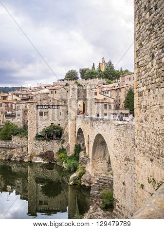Besalu Spain - August 16 2014 - The bridge of the old Besalu village