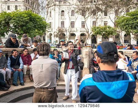 Lima, Peru - October 11 2014 - A preacher performing his speech in the San Martin square in downtown Lima (Peru).