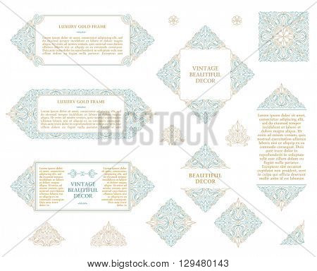 Arabic vector set of frames and lines of art design template. Muslim outline elements and emblems. Eastern floral frame. Logos lines decor for menu, postcard, restaurant, wedding invitation