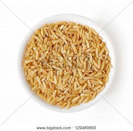 Bowl Of Brown Rice Isolated On White, From Above