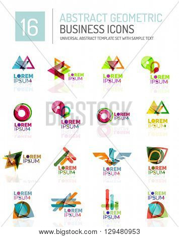 Abstract geometric business logo icon set. Colorful geometrical figure compositions with light effects - triangles circles rings arrows lines