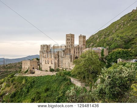 An evening view of the Sant Pere de Rodes monastery in Catalonia Spain.