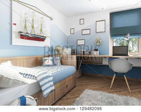 Children's room in the marine style. Bed and table in the children's room for a teenager with the decor. A large model of a ship on the wall. 3D render.