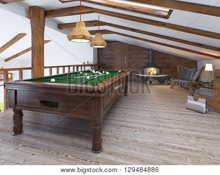 Billiard room with two comfortable chairs and a fireplace in the loft style. Billiard room on the second level living area with a handrail in a rustic style. 3D render.