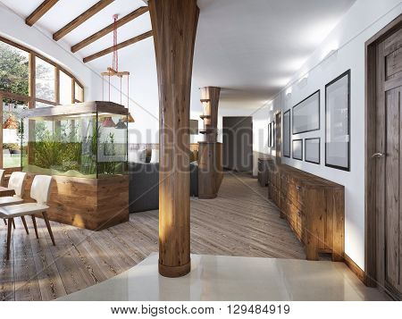 Corridor with a view of the living room with a wooden column in a loft style. Paintings and console lengthwise walls. 3D render.