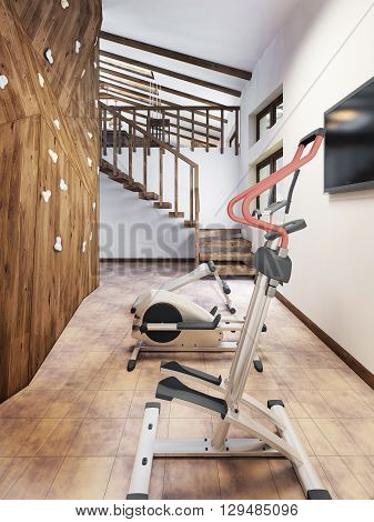 Pool in a private house with gym and climbing wall in the loft style. 3D render.