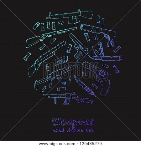 Hand drawn set  of Weapons.  Isolated vector illustration for identity, design, decoration, packages product and interior decoration