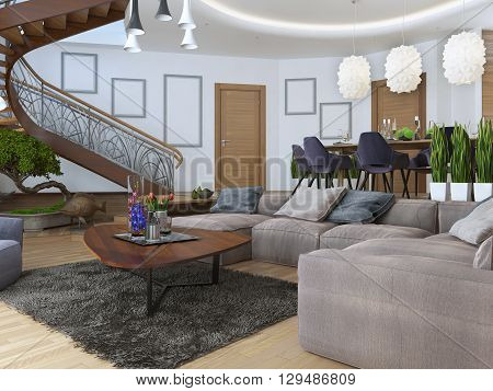 Living room with a large corner sofa from a fabric in a Contemporary style. Design spiral staircase leading to the second floor. Soft armchair with a modern floor lamp and a low table with decor. Large windiws. 3D render