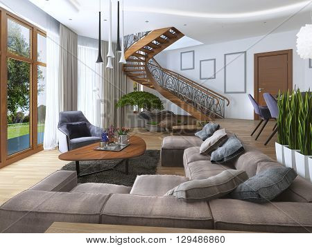Living room with a large corner sofa from a fabric in a Contemporary style. Design spiral staircase leading to the second floor. Soft armchair with a modern floor lamp and a low table with decor. Large windiws. 3D render