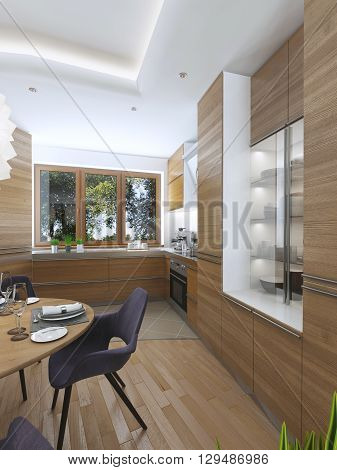 Modern kitchen in the dining room Contemporary style. kitchen facades of light wood with a hood over the stove and built-in appliances. Metal working surface. 3D render.