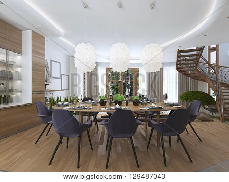 Luxury dining room in a contemporary style with a large dining table for eight people. Luxury white chandelier hanging over the table of opaque plastic. 3D render.