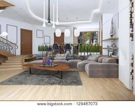 Living room with a large corner sofa from a fabric in a Contemporary style. Design spiral staircase leading to the second floor. Soft armchair with a modern floor lamp and a low table with decor. Large windiws. 3D render