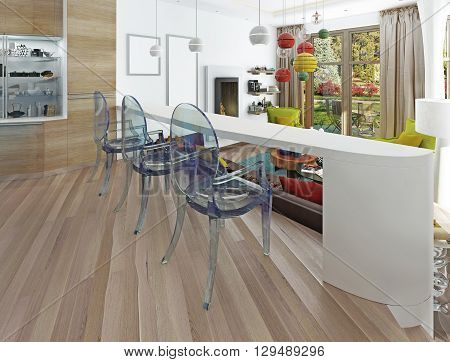 Modern white bar with three transparent chairs. The bar counter in the kitchen-dining room overlooking the living room. 3D render.