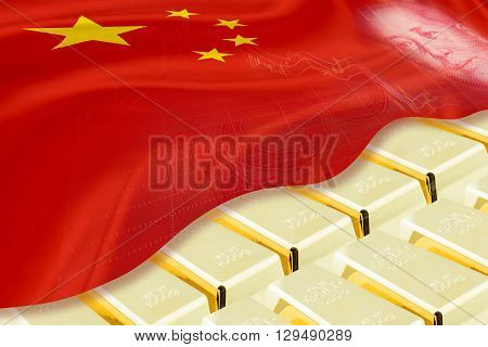 National and foreign currency / treasury / gold reserved concept : Stack of gold bars / ingots covered with flag of China and image of Mao Zedong stored in the vault / storage room . 3D illustration.