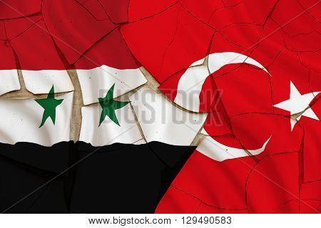 Flag of Turkey and Syria on a cracked paint wall. A symbol of conflict between Ankara and Damascus while Syrian army approached Aleppo to cut off the Syrian armed opposition from the Turkish border.