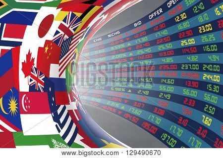 Flags of main countries in the world with a display of daily stock market price and quotations during normal economic period. The fate and mystery of world stock market tunnel/corridor concept.