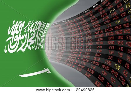 National flag of Saudi Arabia with a large display of daily stock market price and quotations during depressed economic period. The fate and mystery of Riyadh stock market tunnel/corridor concept.