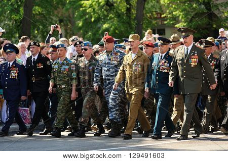 Orel Russia - May 9 2016: Celebration of 71th anniversary of the Victory Day (WWII). Russian Afganistan war veterans marching in parade horizontal