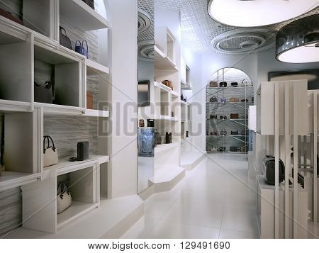 Luxury store interior design art deco style with hints of Contemporary. Interior white store with lots of shelves. Shop for the sale of bags on the shelves of handbags. 3D render.