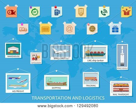 Logistics flat global transportation concept. Signs of transportation and ways of cargo delivery on the world map. Vector illustration