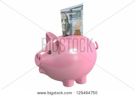 Piggy bank and money 3D rendering isolated on white background