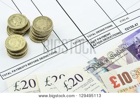 Payslip shows amount of earn with banknotes and coins