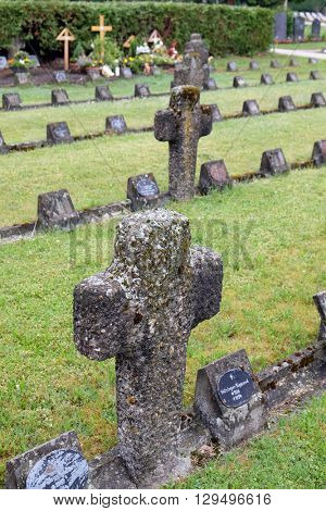 URSBERG, GERMANY - JUNE 09: The graves of members of St. Joseph Congregation on the cemetery in Ursberg, Germany on June 09, 2015.