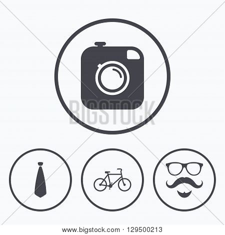 Hipster photo camera. Mustache with beard icon. Glasses and tie symbols. Bicycle sign. Icons in circles.