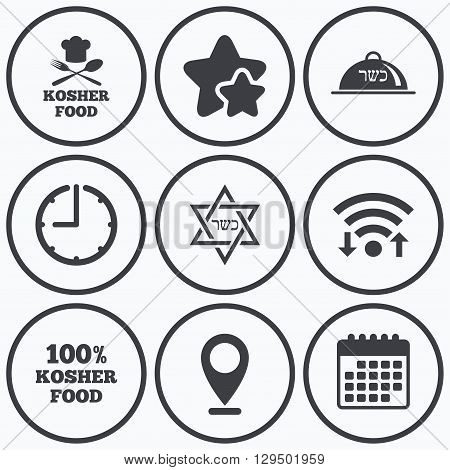 Clock, wifi and stars icons. Kosher food product icons. Chef hat with fork and spoon sign. Star of David. Natural food symbols. Calendar symbol.