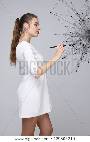 Worldwide network or wireless internet connection futuristic concept. Woman working with linked dots.