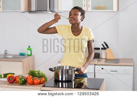 Young Happy Woman Cooking Meal On Induction Cooker In Kitchen
