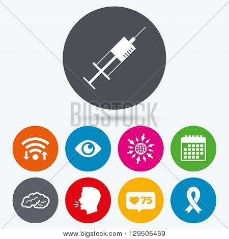 Wifi, like counter and calendar icons. Medicine icons. Syringe, eye, brain and ribbon signs. Breast cancer awareness symbol. Human intelligent smart mind. Human talk, go to web.