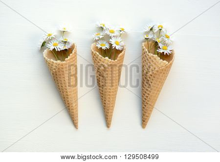 Ice cream cone filled with daisies flowers