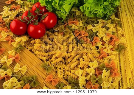 Various types of Italian pasta background. Spaghetti. Pasta. Italian food. Noodles.