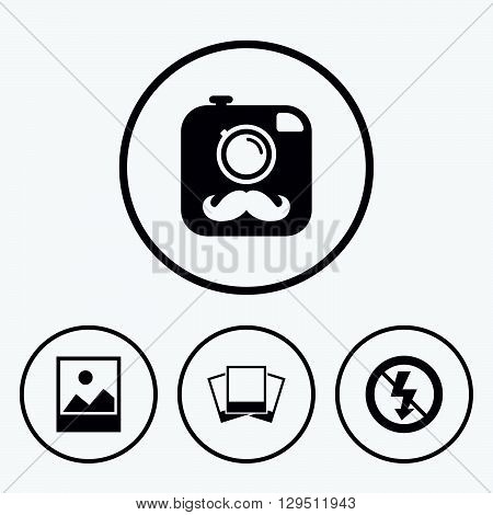 Hipster retro photo camera with mustache icon. No flash light symbol. Landscape photo frame. Icons in circles.