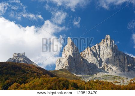 Peaks in Lescun Cirque. On the left Petite Aiguille Ansabere and to the right Grand Aiguille Ansabere. Aspe Valley, Pyrenees, France.