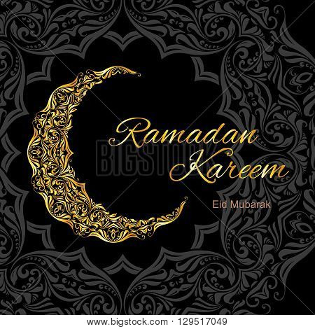 Golden ornate crescent on black and grey background of asian floral ornament. Greeting card of holy Muslim month Ramadan