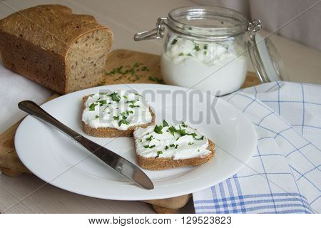 Close up Sandwich with cottage cheese and chives