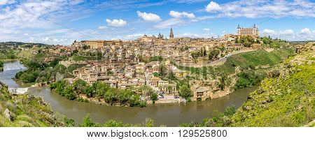 TOLEDO,SPAIN - APRIL 23,2016 - Panorama view at the Toledo city. Toledo is known as City of the Three Cultures .