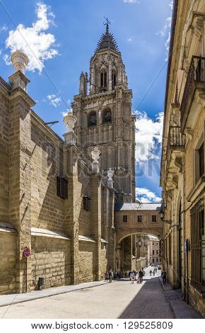 TOLEDO,SPAIN - APRIL 23,2016 - Belltower of Cathedral in Toledo. Toledo is known as City of the Three Cultures .Toledo is a municipality located in central Spain.