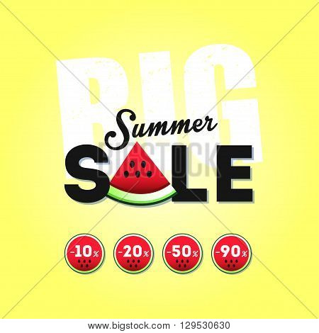Big summer sale with a piece of watermelon, banner and stickers with percent discounts. Layout for seasonal clearance. It can be used in advertising, web design, graphic design. Vector illustration.