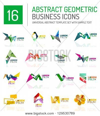 Abstract geometric business logo icon set. Colorful geometrical figure compositions with light effects - triangles circles rings arrows lines