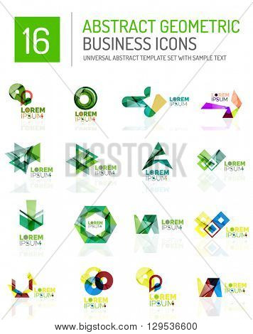 Abstract geometric business logo icon set. Colorful geometrical figure compositions with light effects - triangles circles rings arrows lines