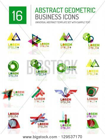 Abstract geometric business logo icon set. Colorful geometrical figure compositions with light effects - triangles circles rings arrows lines
